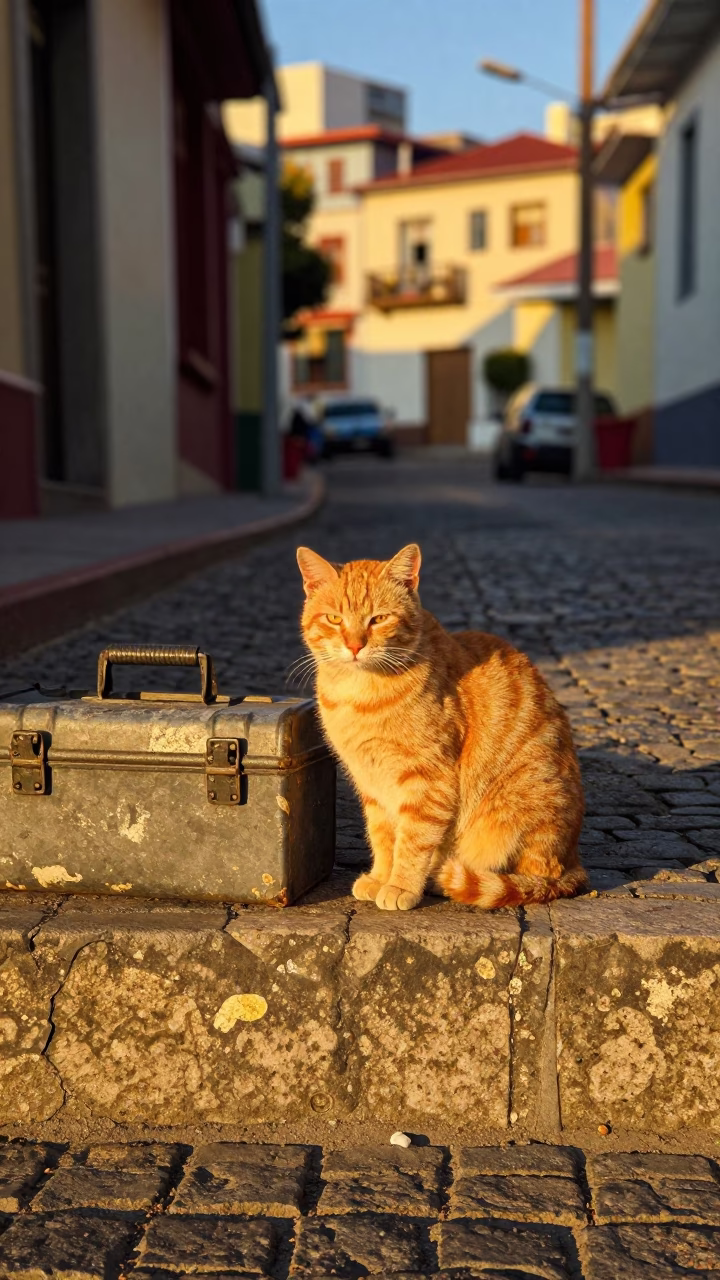 Golden Hour Street Scene in Valparaiso Chile with Orange Cat and Toolbox in in Valparaiso, Chile
