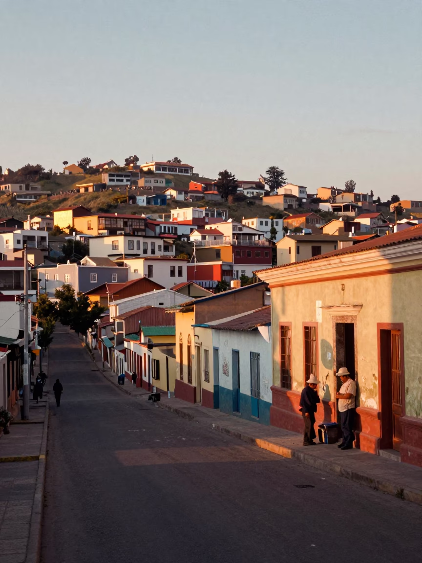 Golden Hour Street Scene in Valparaiso Chile with Paint Flecks and Local Life in in Valparaiso, Chile