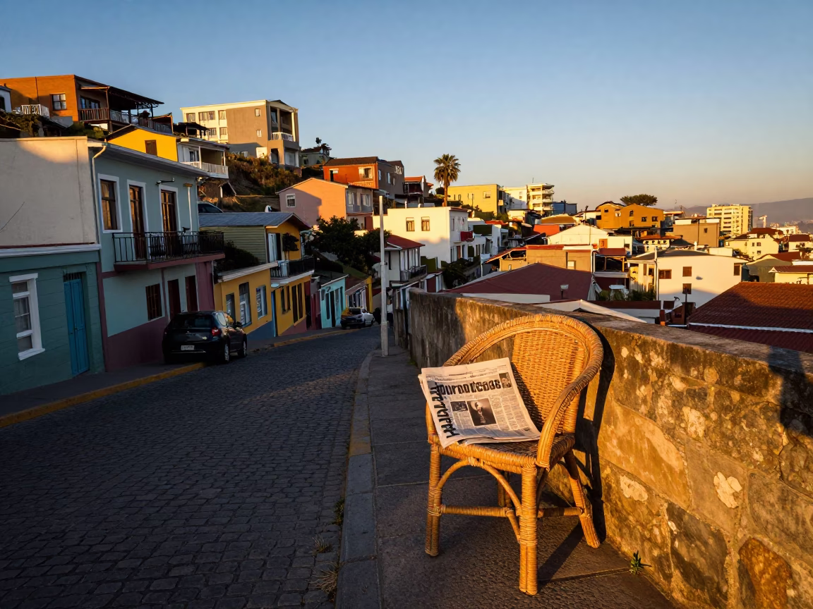 Golden Hour Street Scene in Valparaiso Chile with Rattan Chair and Newspaper in in Valparaiso, Chile