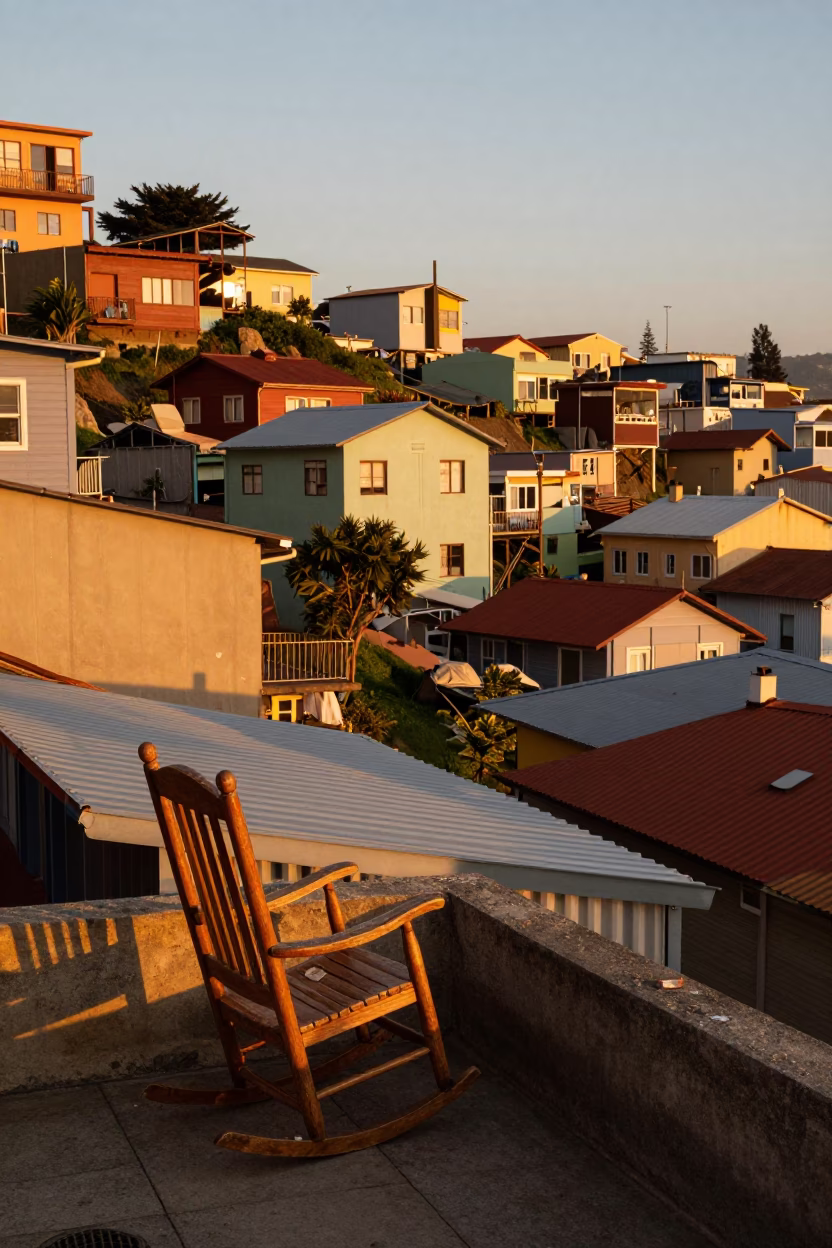 Golden Hour Street Scene in Valparaiso Chile with Rocking Chair on Colorful Hillside Balcony in in Valparaiso, Chile
