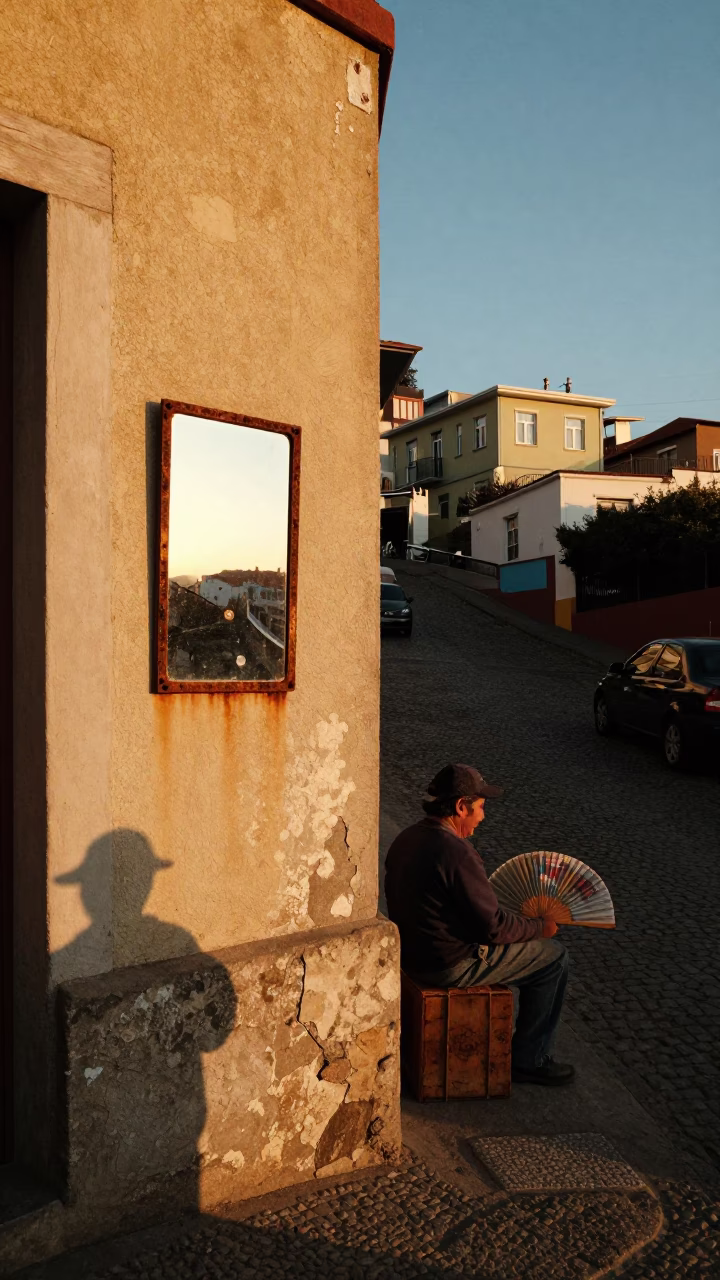 Golden Hour Street Scene in Valparaiso Chile with Rusty Mirror and Folding Fan in in Valparaiso, Chile