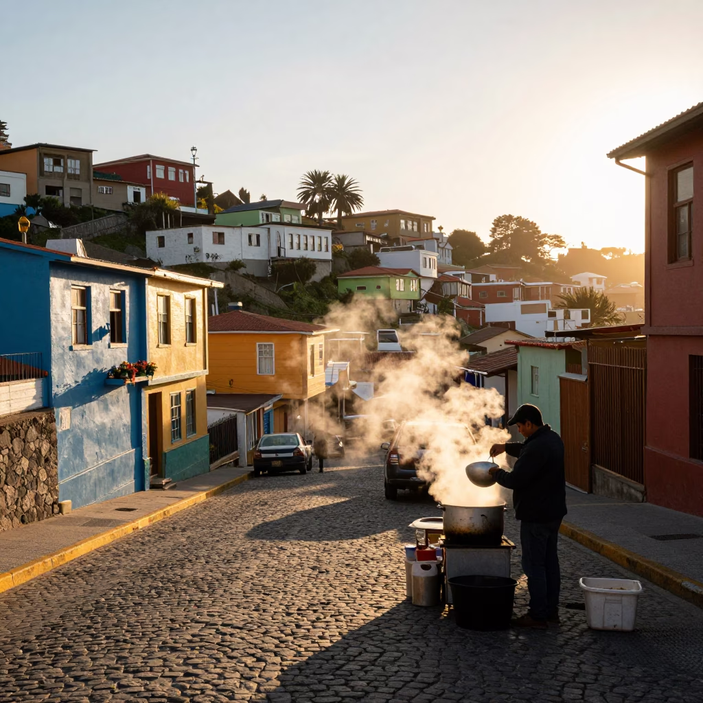Golden Hour Street Scene in Valparaiso Chile with Steam Haze and Colander in in Valparaiso, Chile