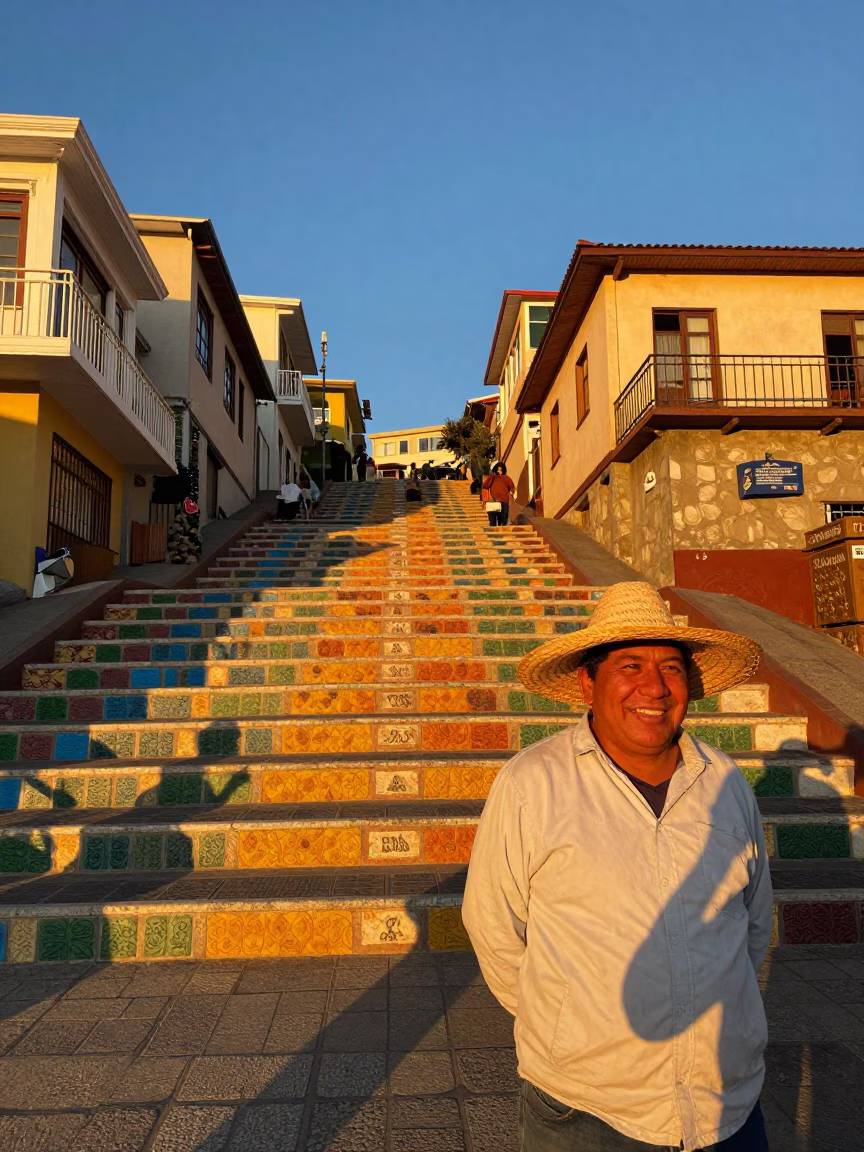 Golden Hour Street Scene in Valparaiso Chile with Straw Hat and Local Architecture in in Valparaiso, Chile