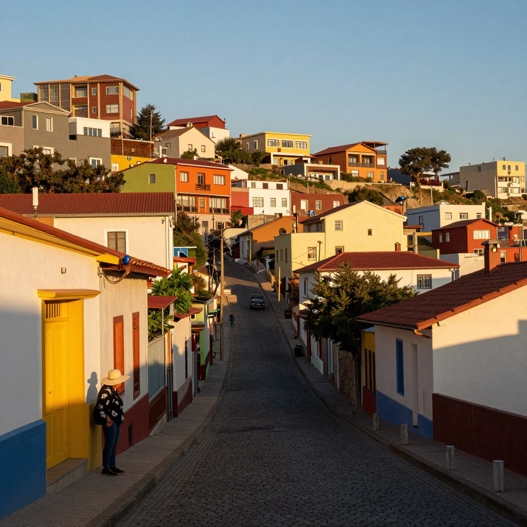 Golden Hour Street Scene in Valparaiso Chile with Sun Hats and Cobblestone Slope in in Valparaiso, Chile