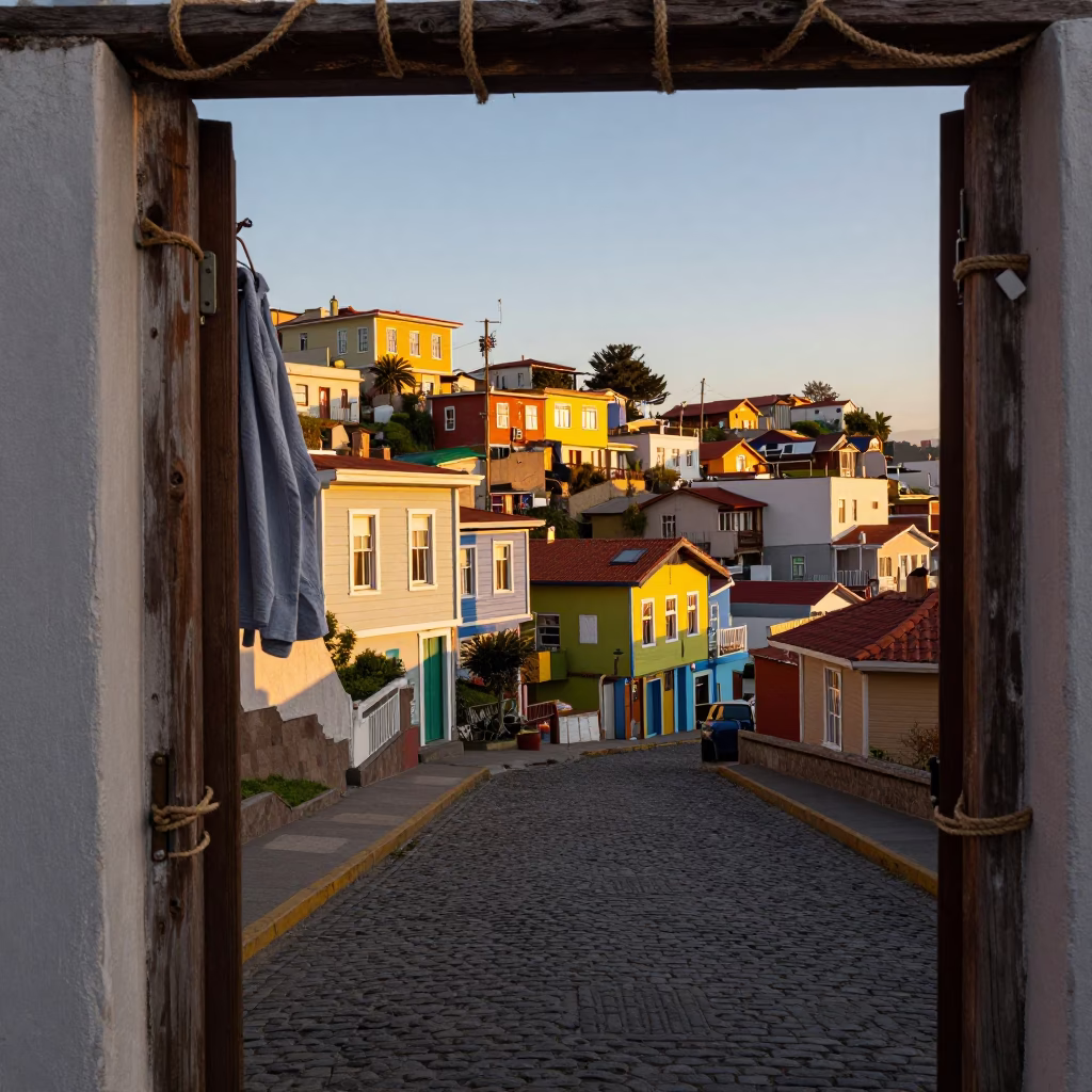 Golden Hour Street Scene in Valparaiso Chile with Twine Doorframe and Hanging Shirt in in Valparaiso, Chile