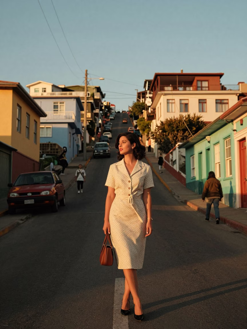 Golden Hour Street Scene in Valparaiso Chile with Vintage Fashion and Local Life in in Valparaiso, Chile