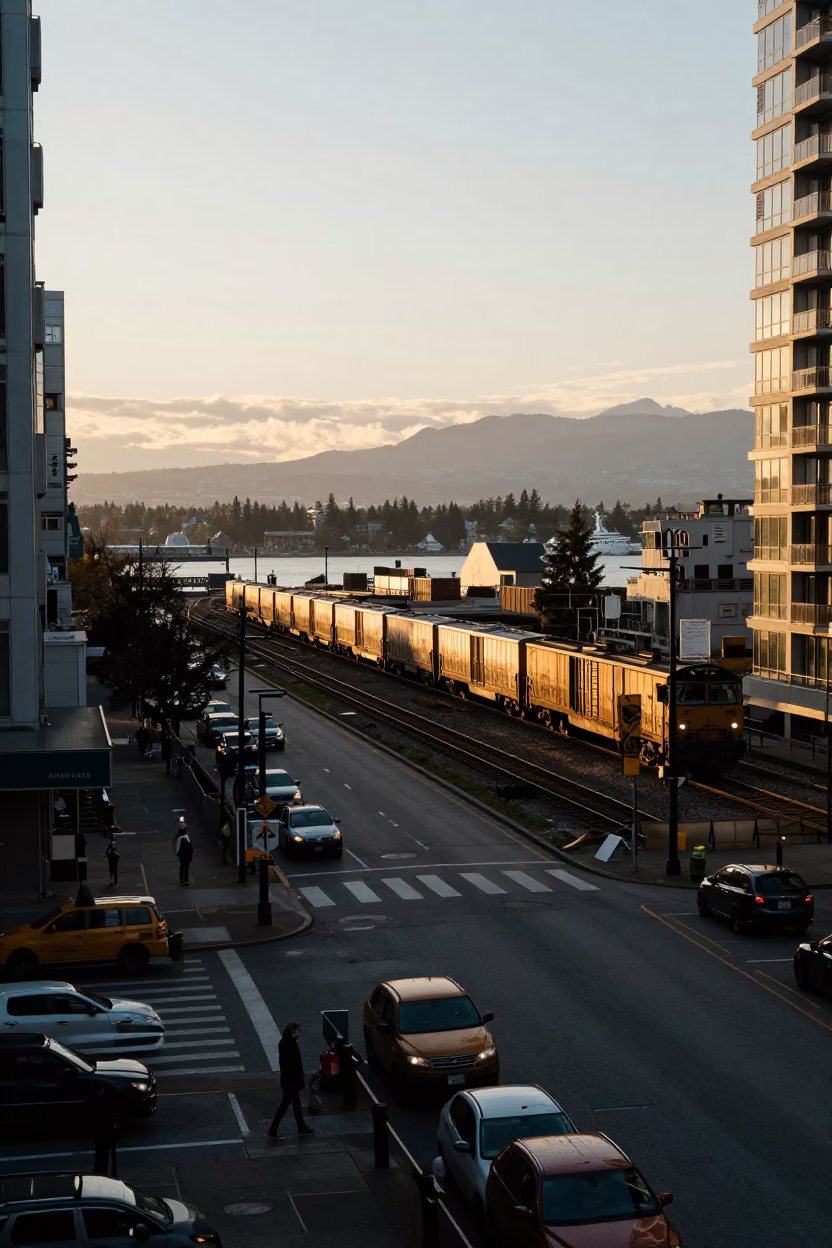Golden Hour Street Scene in Vancouver British Columbia with Freight Train and Urban Life in in Vancouver, British Columbia, Canada