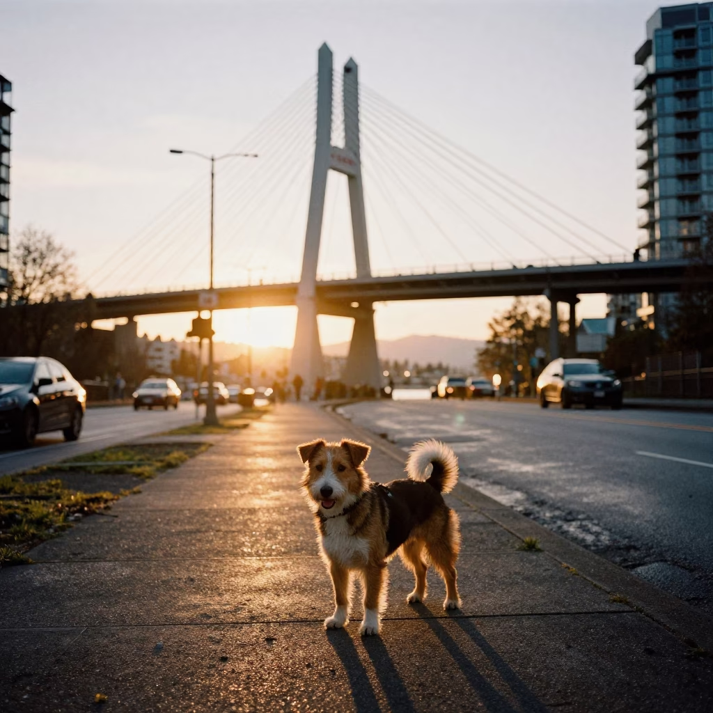 Golden Hour Street Scene in Vancouver with Border Terrier and Cable-Stayed Bridge in in Vancouver, British Columbia, Canada