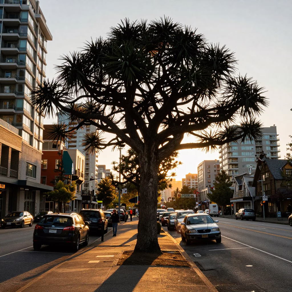 Golden Hour Street Scene in Vancouver with Monkey Puzzle Tree and Urban Details in in Vancouver, British Columbia, Canada