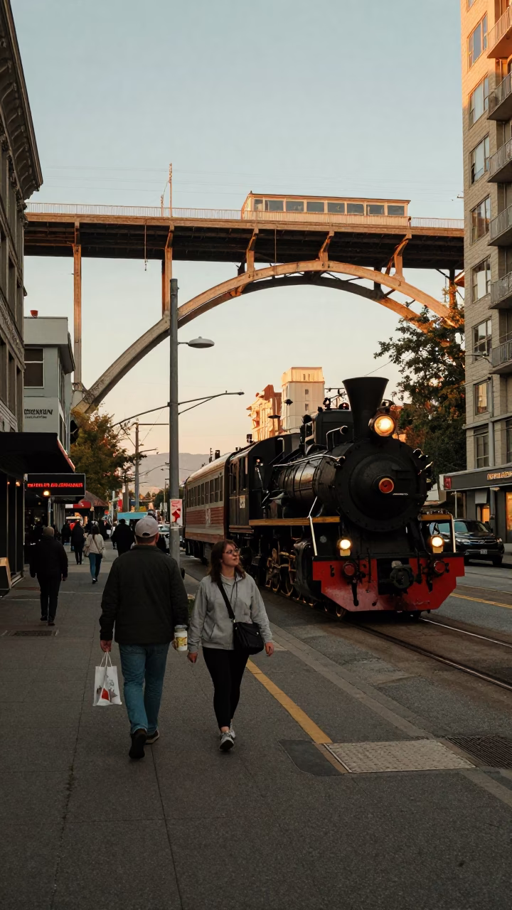 Golden Hour Street Scene in Vancouver with Steam Train and Coffee in in Vancouver, British Columbia, Canada