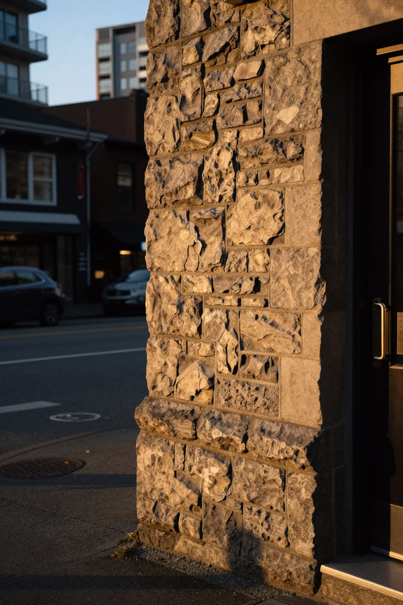 Golden Hour Street Scene in Vancouver with Stone Wall and Door Handle in in Vancouver, British Columbia, Canada