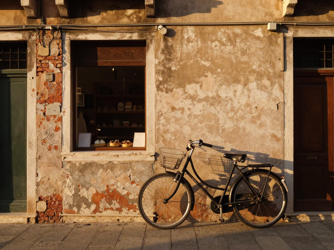 Golden Hour Street Scene in Venice Italy with Bicycle and Bakery in in Venice, Italy
