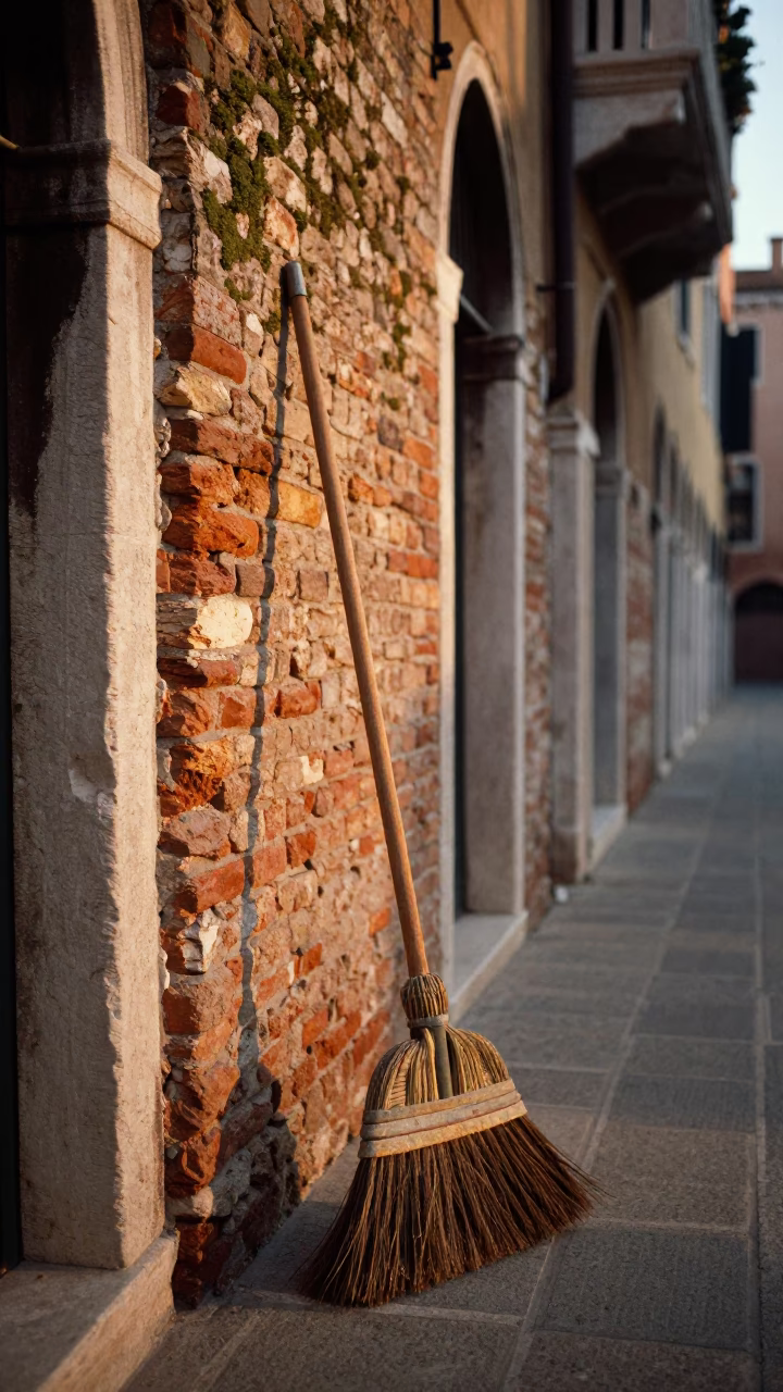 Golden Hour Street Scene in Venice Italy with Brooms and Historic Architecture in in Venice, Italy
