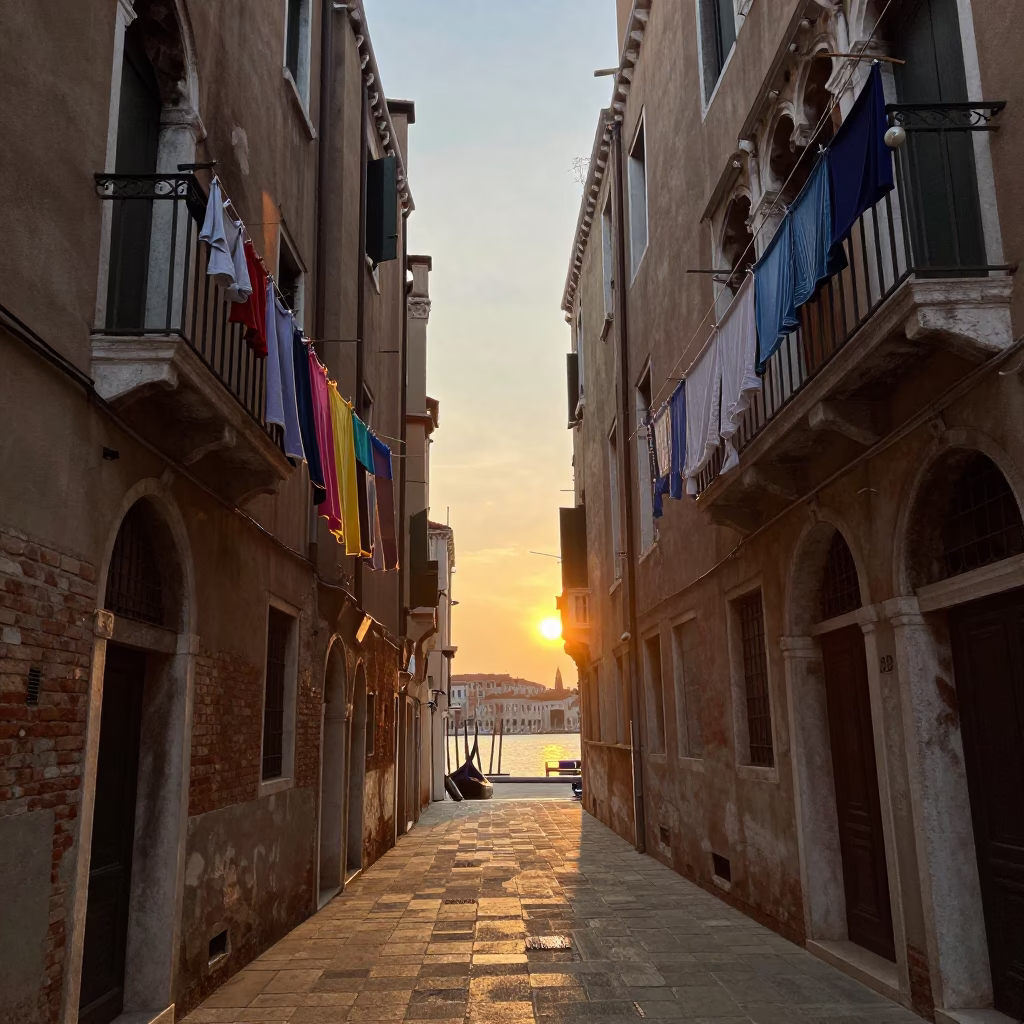 Golden Hour Street Scene in Venice Italy with Colorful Laundry and Historic Architecture in in Venice, Italy