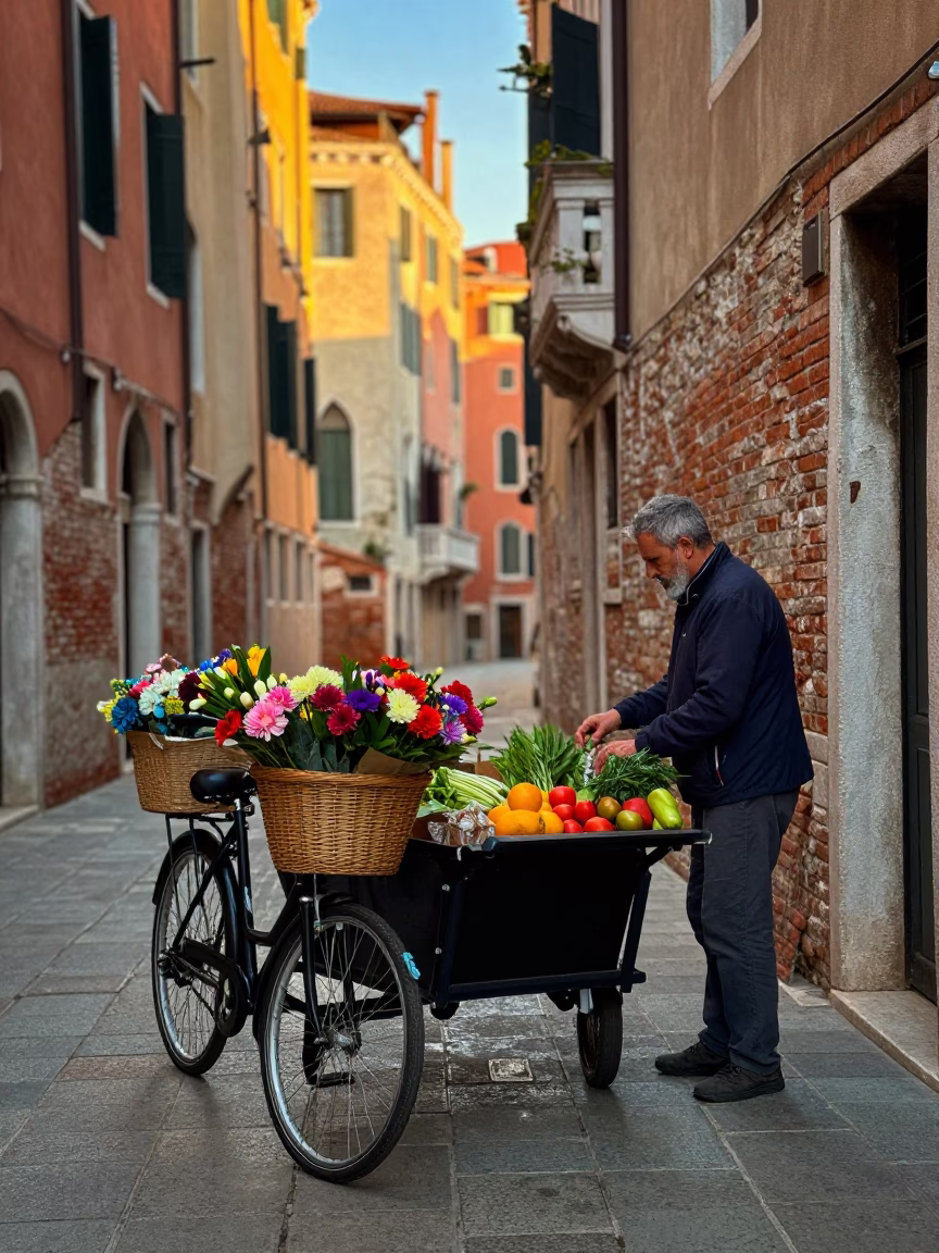 Golden Hour Street Scene in Venice Italy with Local Vendor and Bicycle in in Venice, Italy