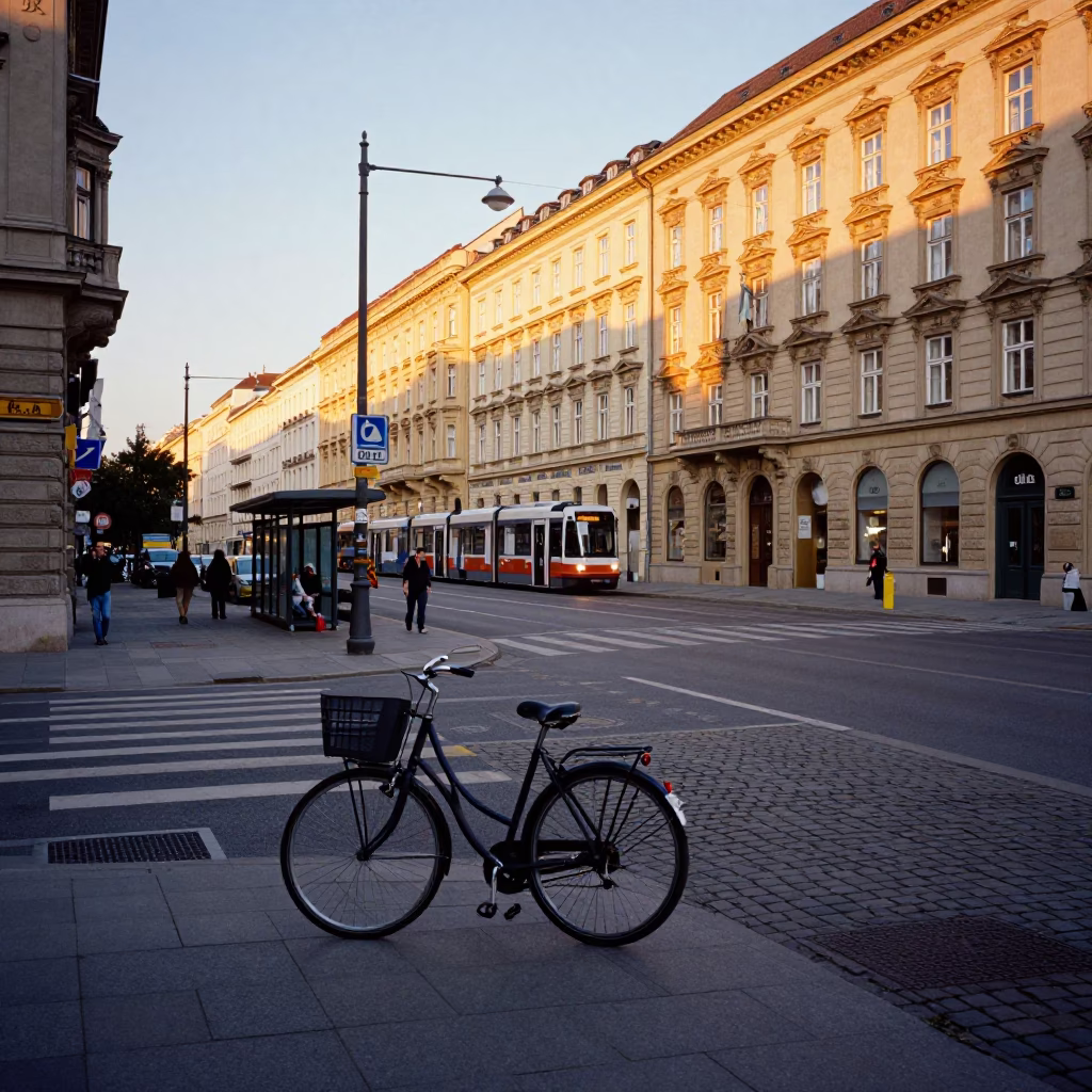 Golden Hour Street Scene in Vienna Austria with Bicycle and Historic Architecture in in Vienna, Austria