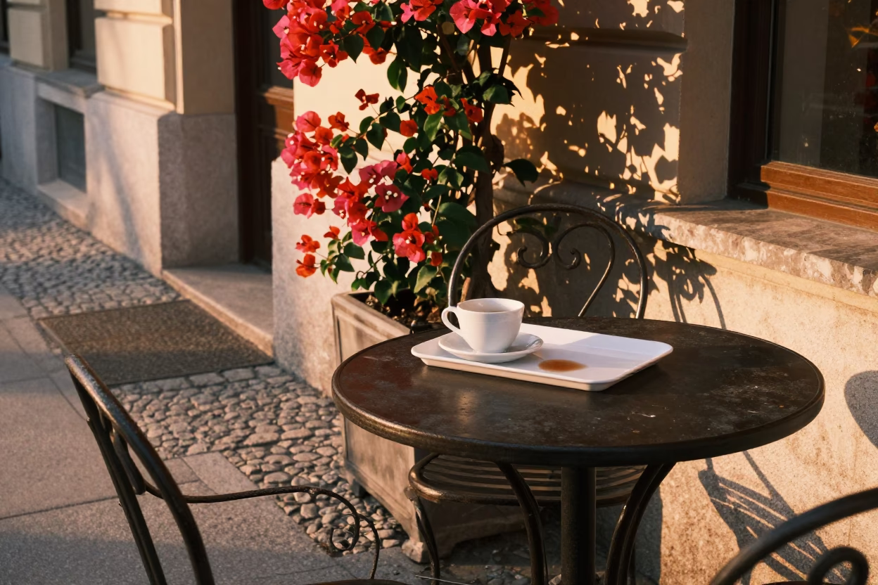 Golden Hour Street Scene in Vienna Austria with Bougainvillea and Tea Stains in in Vienna, Austria
