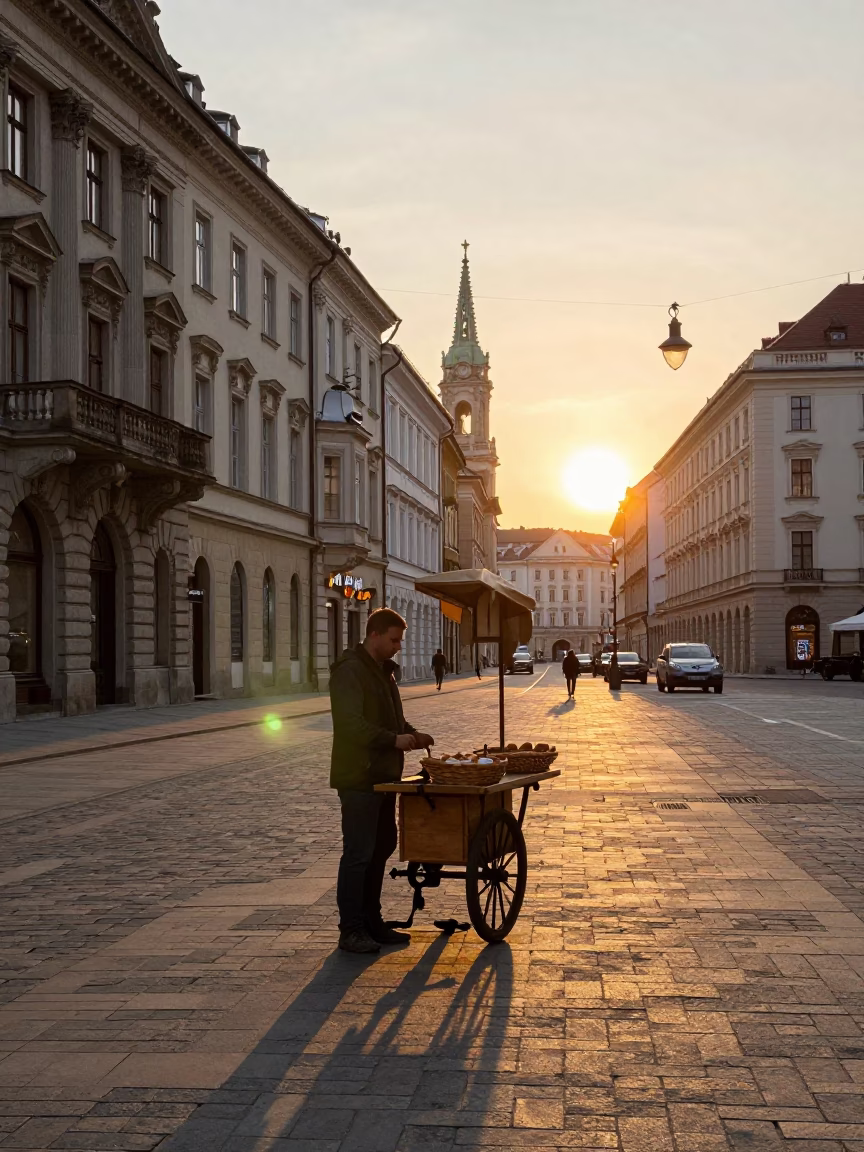 Golden Hour Street Scene in Vienna Austria with Bread Basket and Grapes in in Vienna, Austria