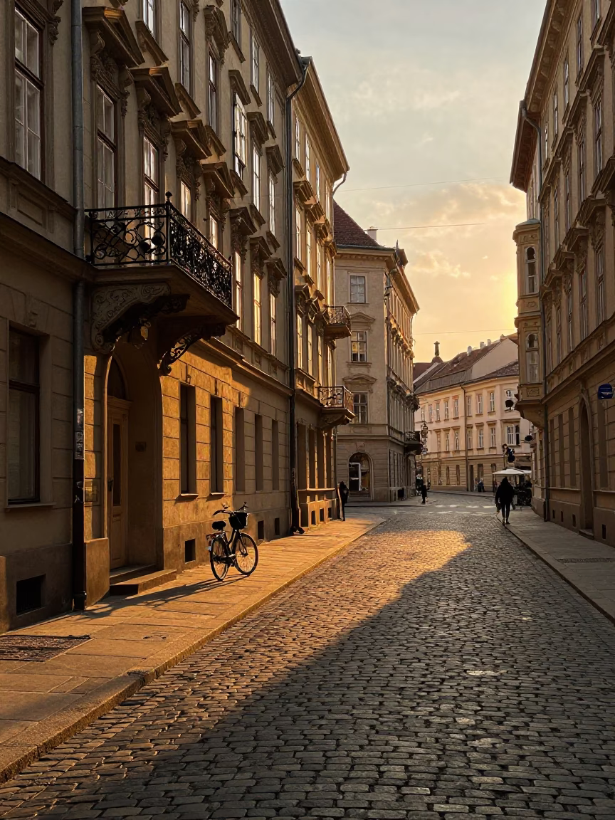Golden Hour Street Scene in Vienna Austria with Cobblestones and Classic Architecture in in Vienna, Austria