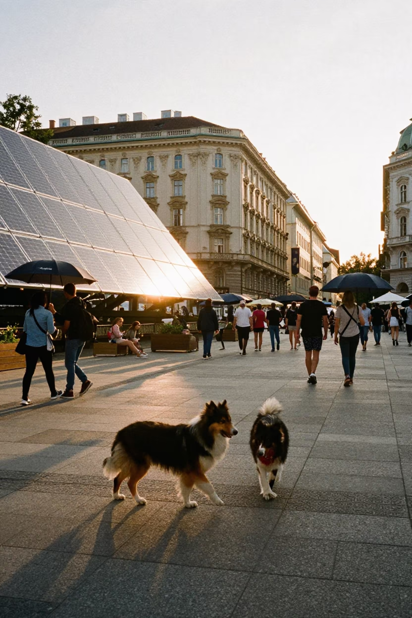 Golden Hour Street Scene in Vienna Austria with Collie and Umbrellas in in Vienna, Austria