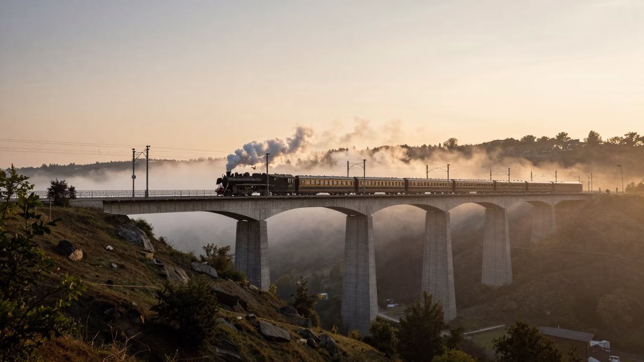 Golden Hour Street Scene in Vienna Austria with Heritage Steam Train Crossing Viaduct in in Vienna, Austria