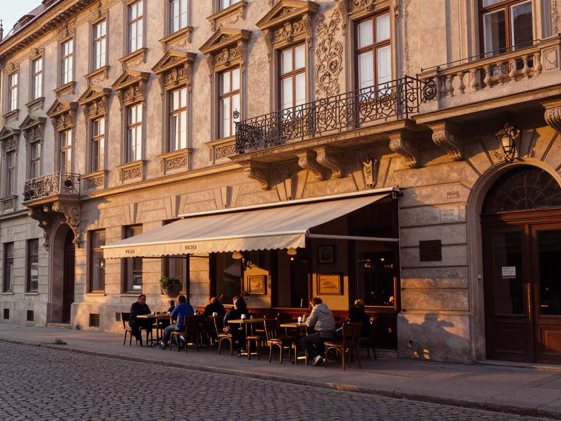 Golden Hour Street Scene in Vienna Austria with Local Café Details and Historic Architecture in in Vienna, Austria
