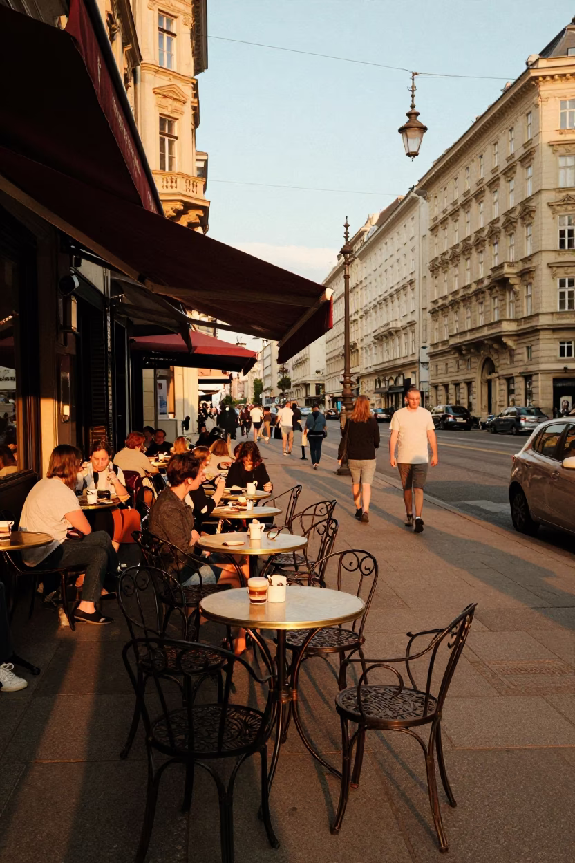 Golden Hour Street Scene in Vienna Austria with Local Dining Details in in Vienna, Austria