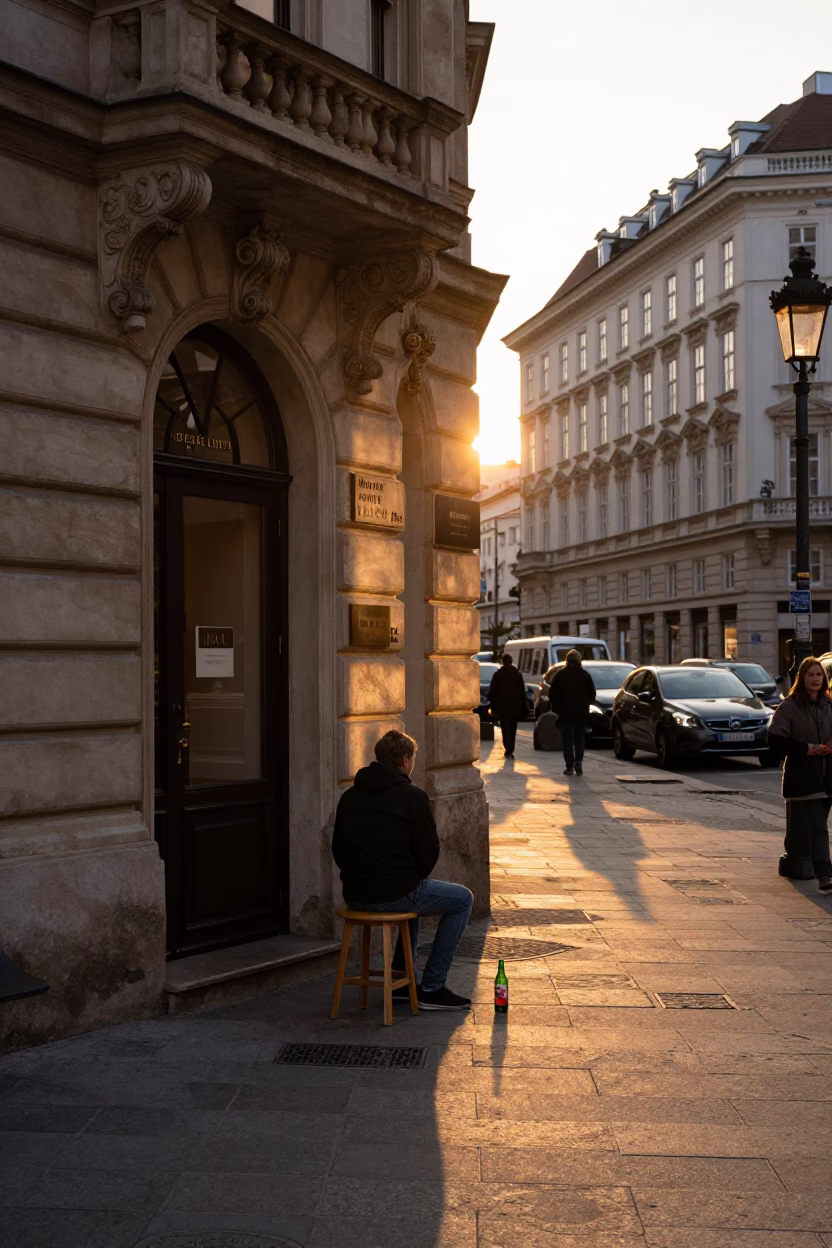 Golden Hour Street Scene in Vienna Austria with Stool and Bottle Opener in in Vienna, Austria