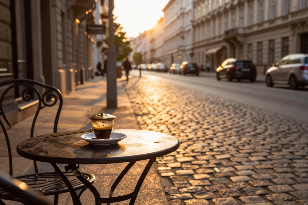 Golden Hour Street Scene in Vienna Austria with Traditional Cafe Elements and Cobblestone Details in in Vienna, Austria