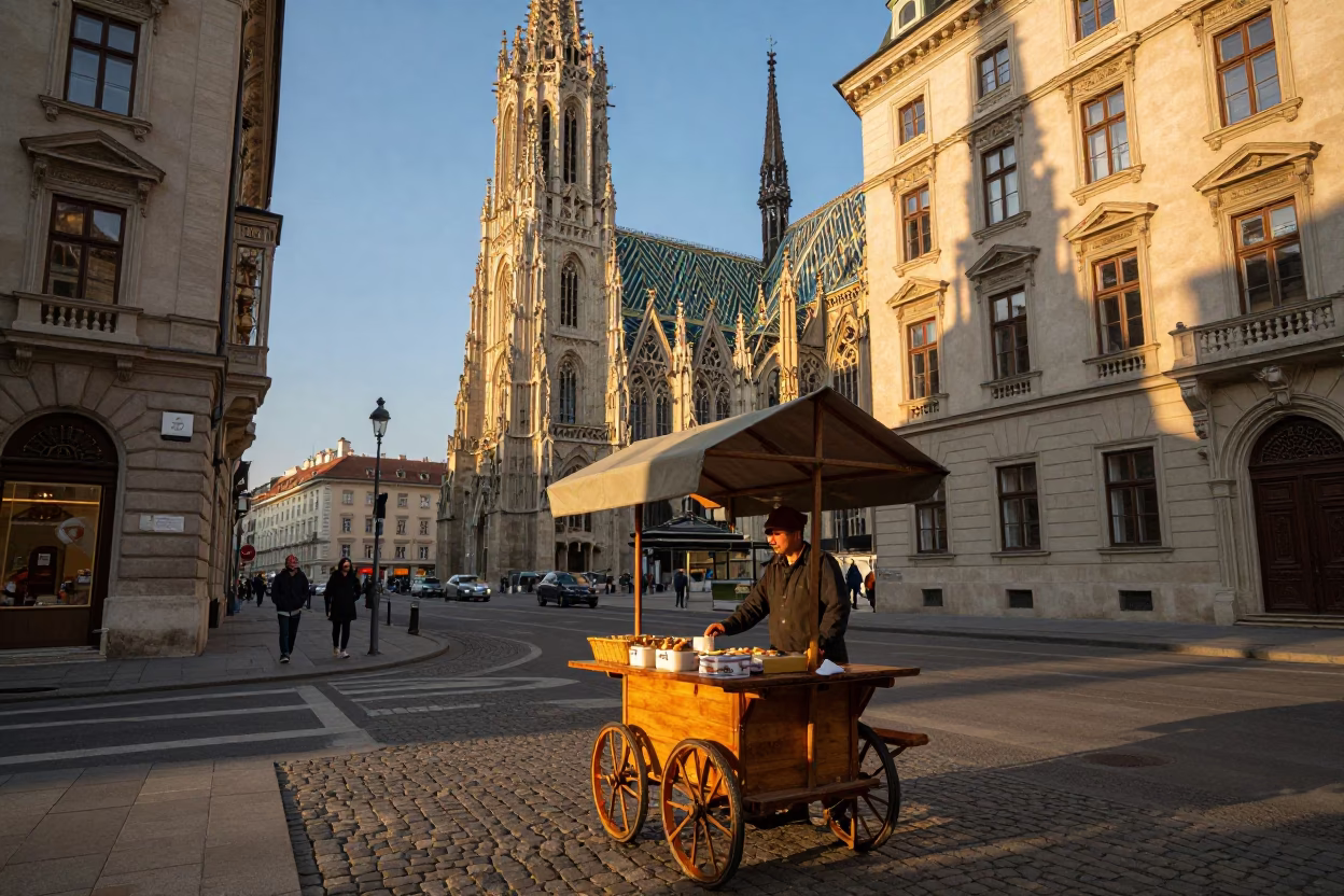 Golden Hour Street Scene in Vienna Austria with Traditional Food and Local Life in in Vienna, Austria