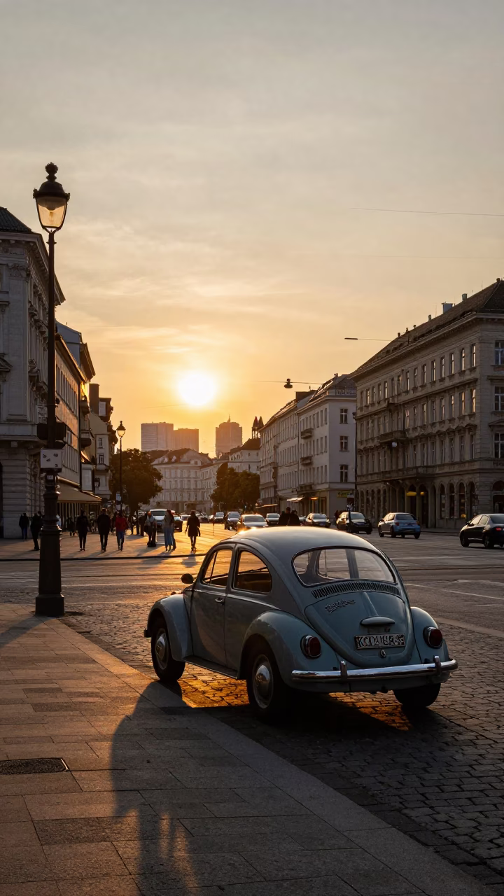 Golden Hour Street Scene in Vienna Austria with Vintage Car and Pedestrians in in Vienna, Austria