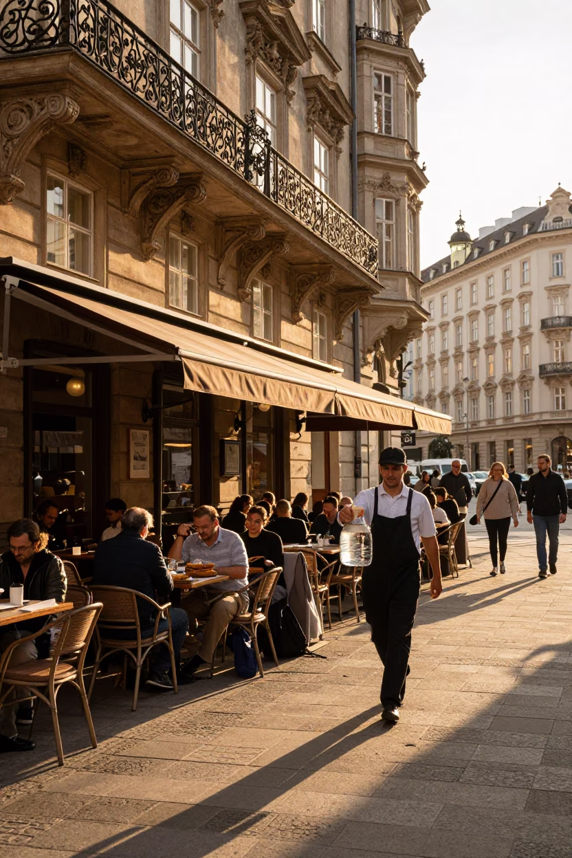 Golden Hour Street Scene in Vienna Austria with Wiener Schnitzel and Local Dining in in Vienna, Austria