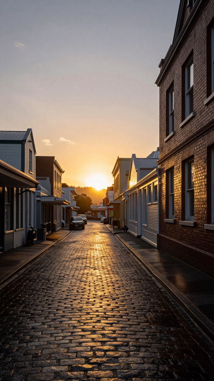 Golden Hour Street Scene in Wellington New Zealand Cobblestone Alleyway in in Wellington, New Zealand