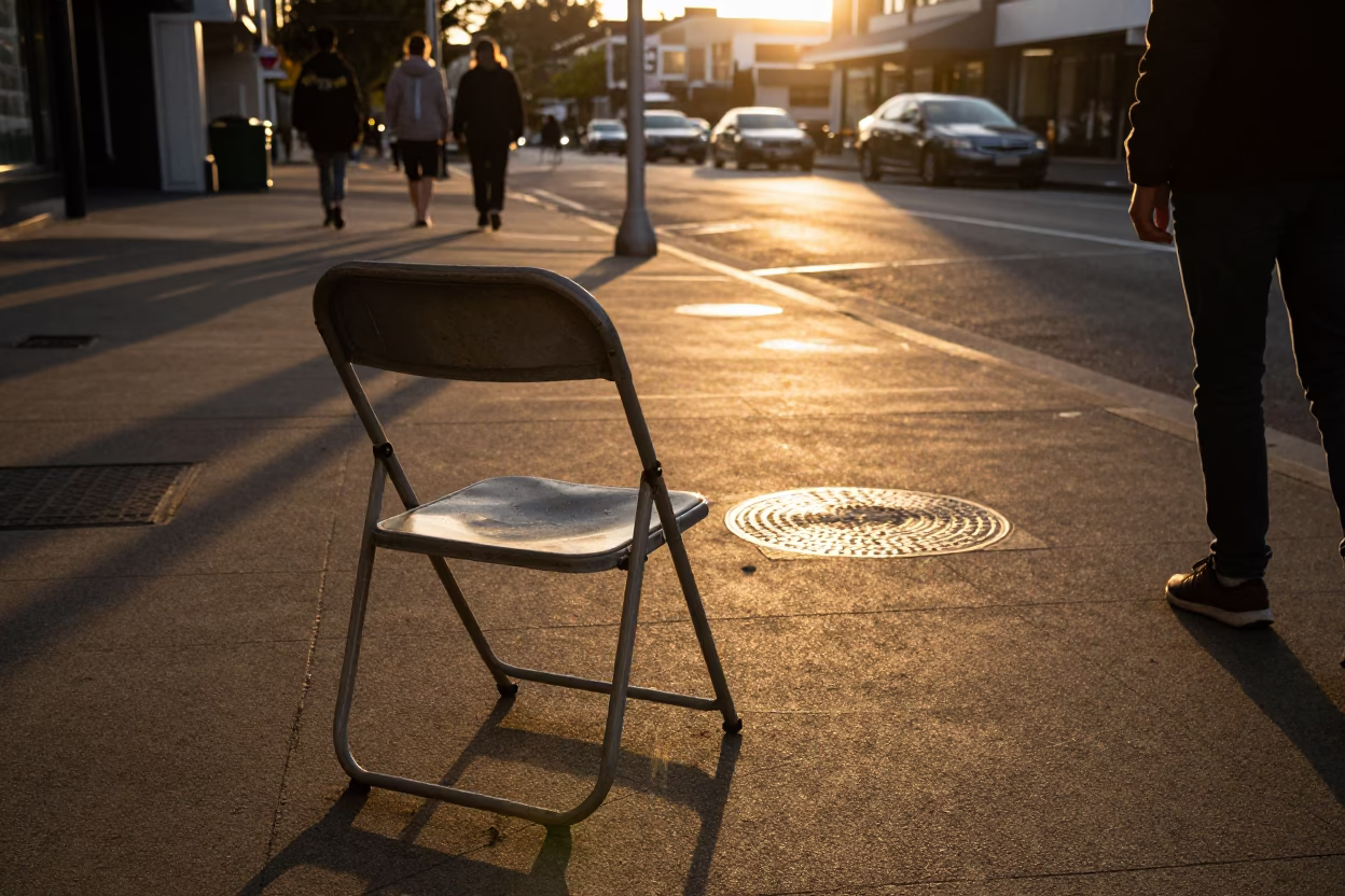 Golden Hour Street Scene in Wellington New Zealand with Folding Chair and Ripples in in Wellington, New Zealand