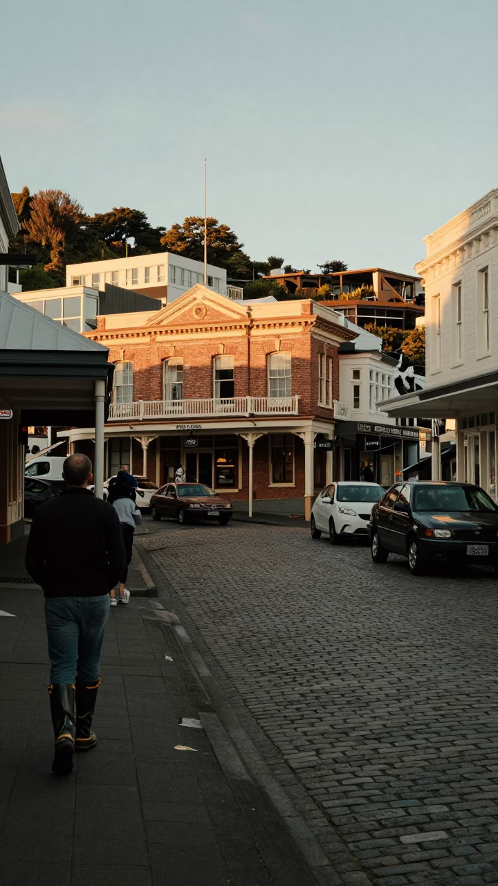 Golden Hour Street Scene in Wellington New Zealand with Vintage 1990s Aesthetic in in Wellington, New Zealand
