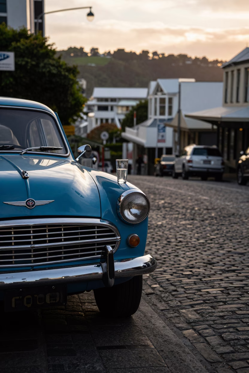 Golden Hour Street Scene in Wellington New Zealand with Vintage Car and Glass Tumbler in in Wellington, New Zealand