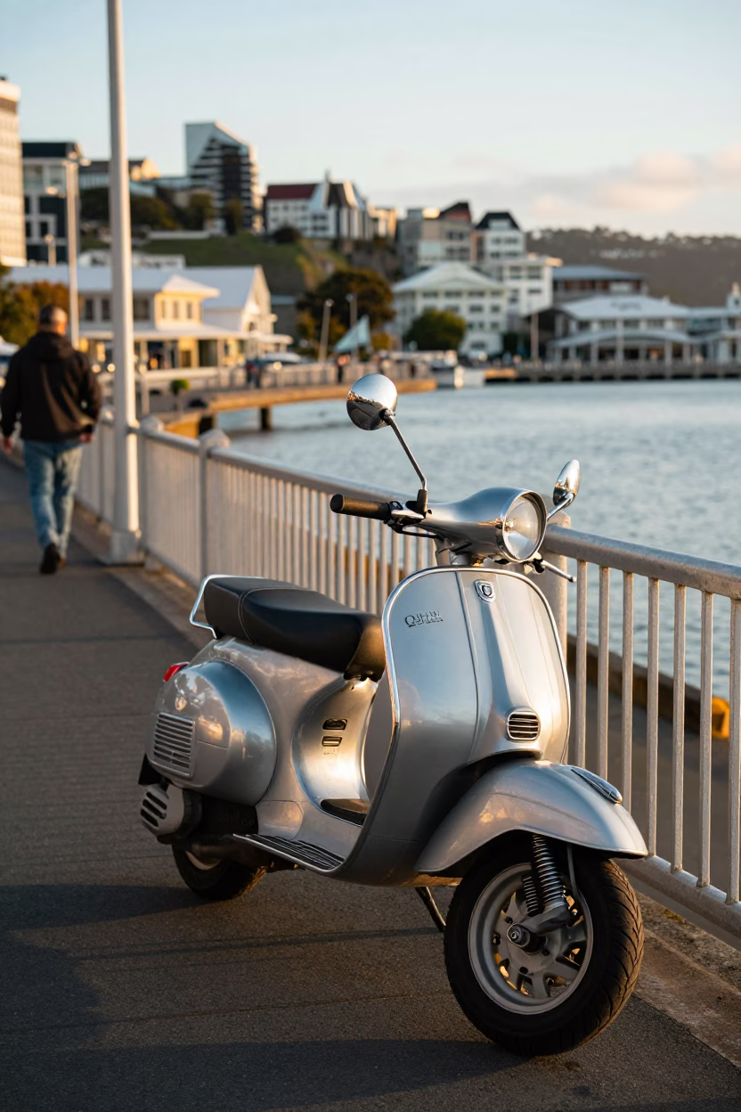 Golden Hour Street Scene in Wellington New Zealand with Vintage Scooter and Harbor Promenade in in Wellington, New Zealand
