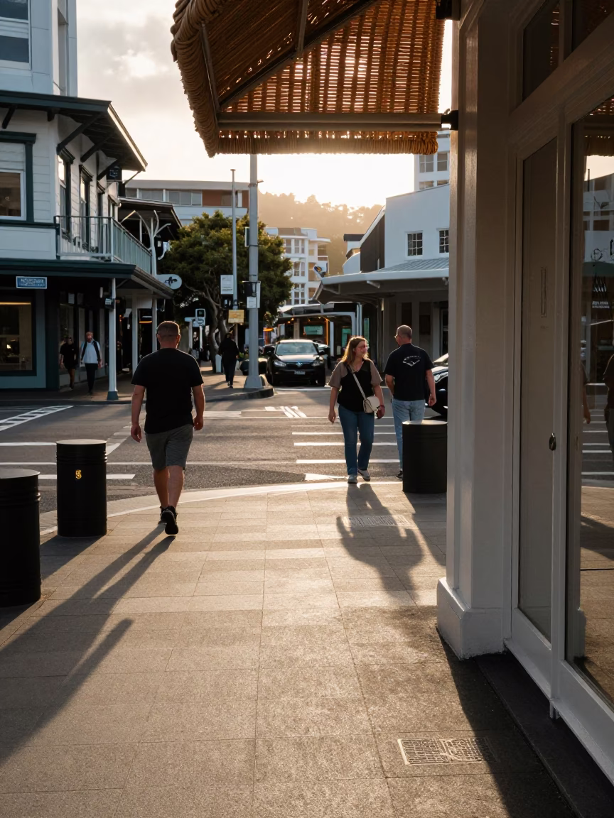 Golden Hour Street Scene in Wellington New Zealand with Wicker Shadows and Casual Pedestrians in in Wellington, New Zealand