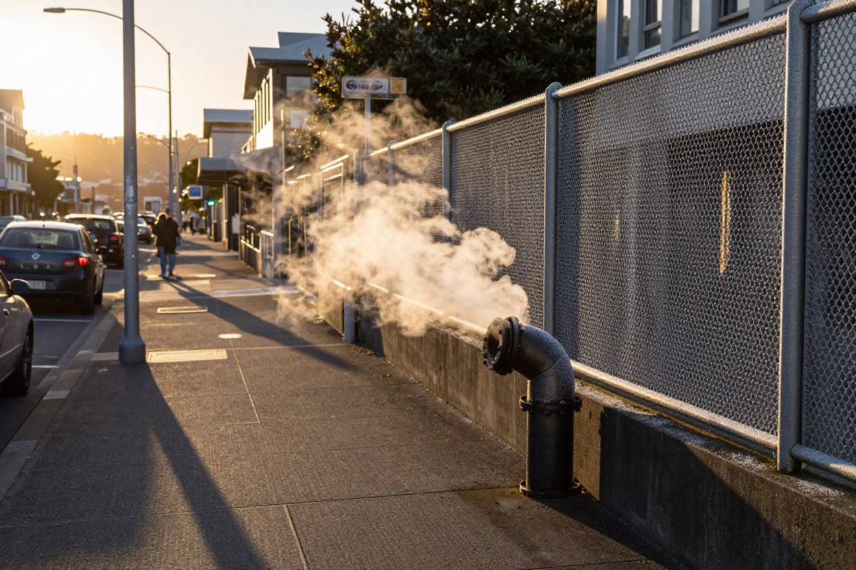 Golden Hour Street Scene in Wellington NZ with Steam and Shadows in in Wellington, New Zealand