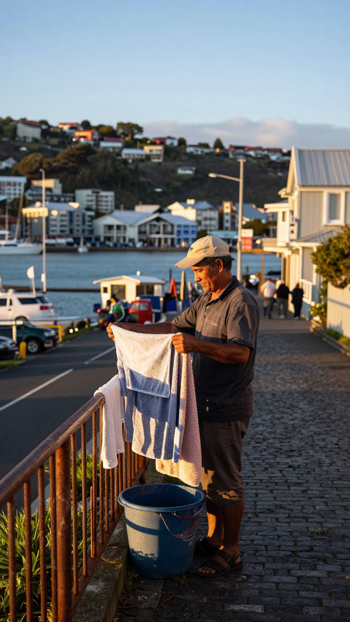 Golden Hour Street Scene in Wellington With Gardener And Drying Towels in in Wellington, New Zealand