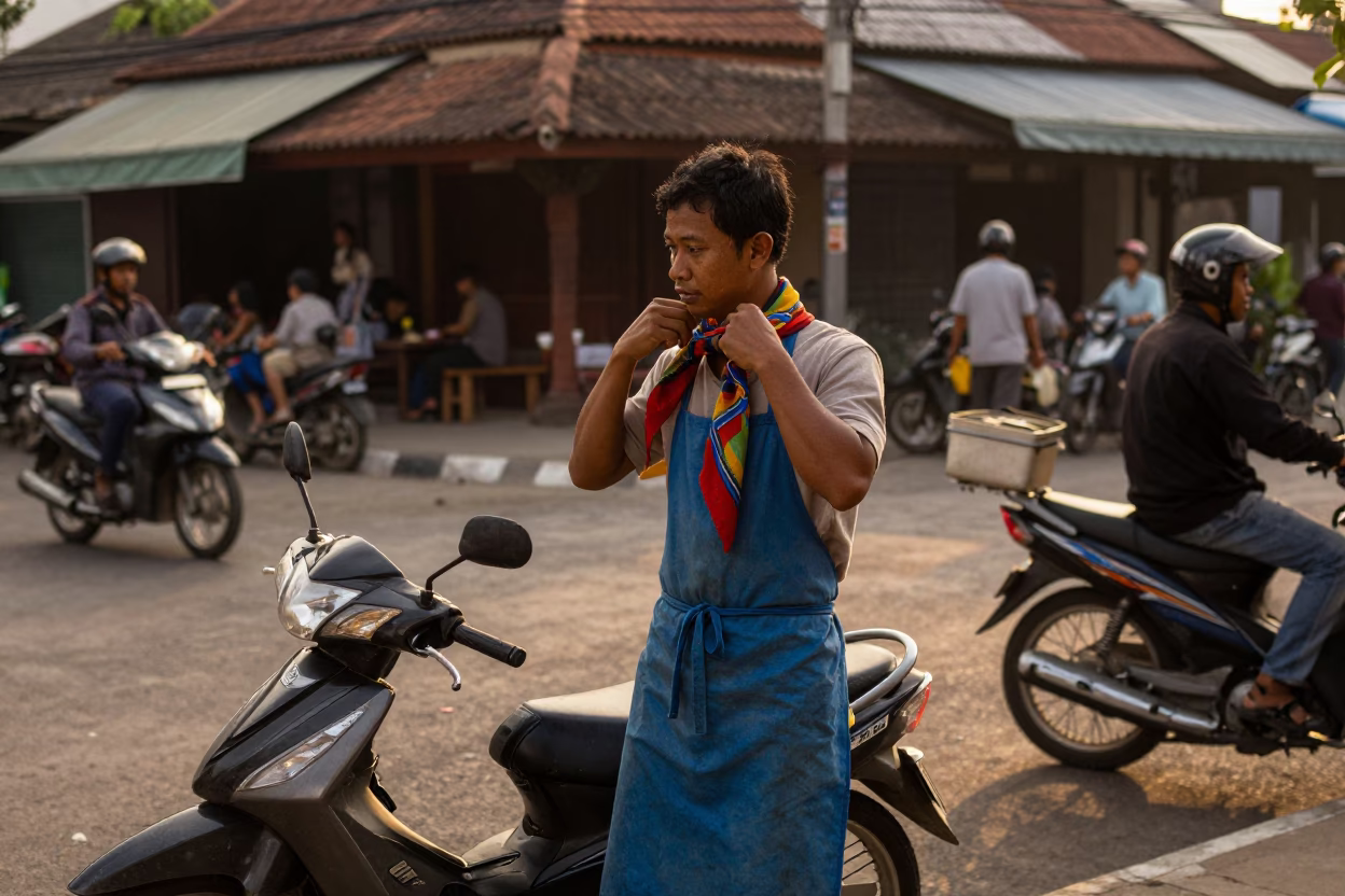 Golden Hour Street Scene in Yogyakarta Indonesia with Apron and Scarf in in Yogyakarta, Indonesia