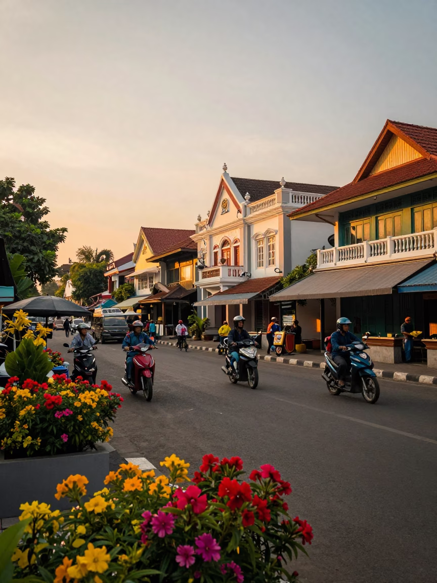 Golden Hour Street Scene in Yogyakarta Indonesia with Colorful Flowers and Local Life in in Yogyakarta, Indonesia