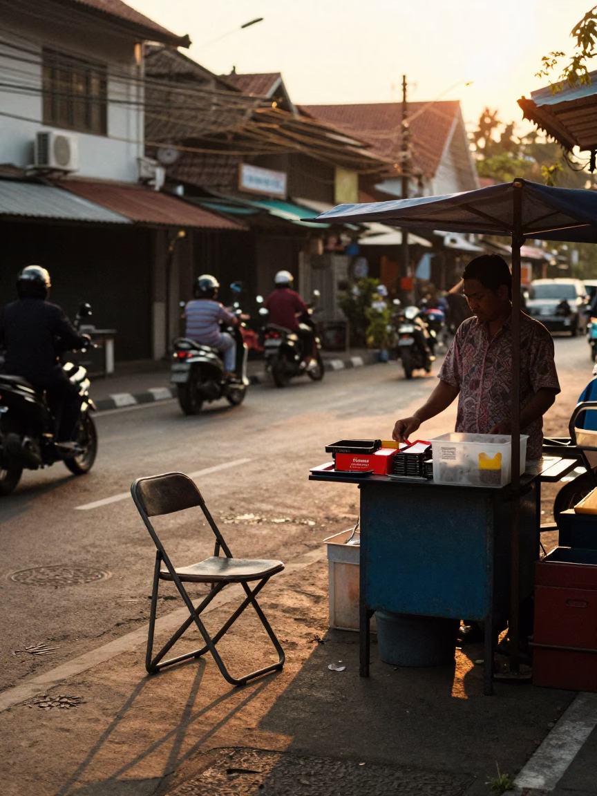 Golden Hour Street Scene in Yogyakarta Indonesia with Folding Chair and Local Vendor in in Yogyakarta, Indonesia