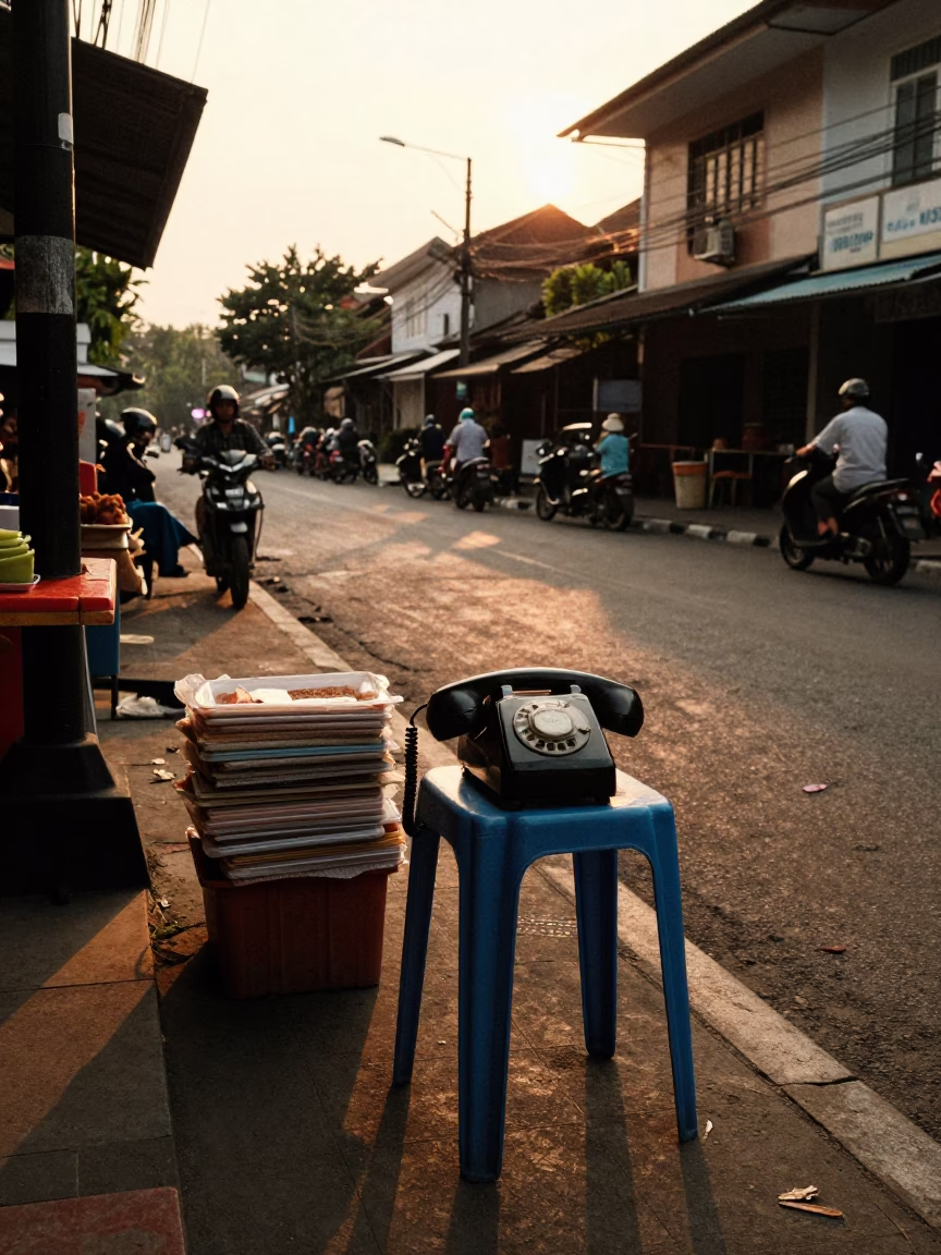 Golden Hour Street Scene in Yogyakarta Indonesia with Local Food and Vintage Telephone in in Yogyakarta, Indonesia