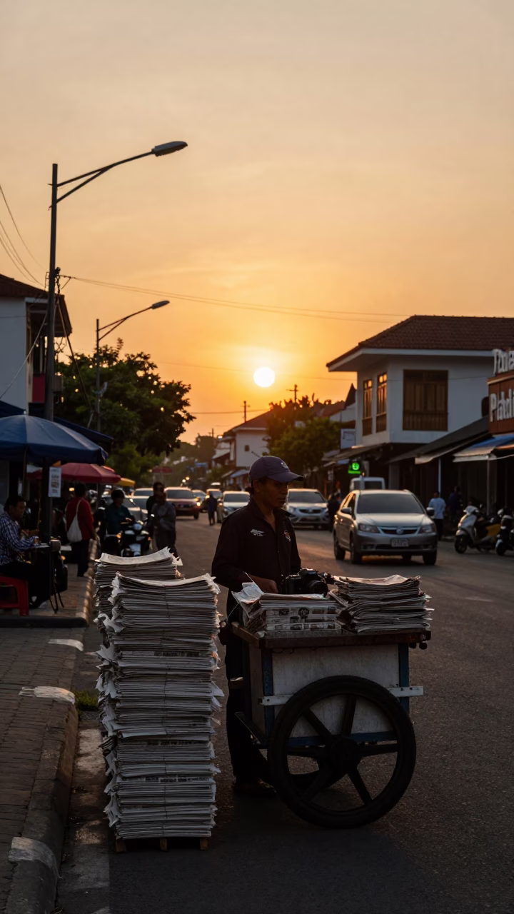 Golden Hour Street Scene in Yogyakarta Indonesia with Newspaper Stack and Apron in in Yogyakarta, Indonesia