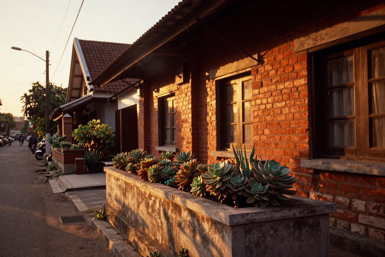 Golden Hour Street Scene in Yogyakarta Indonesia with Terrace Succulents and Dusk Activity in in Yogyakarta, Indonesia