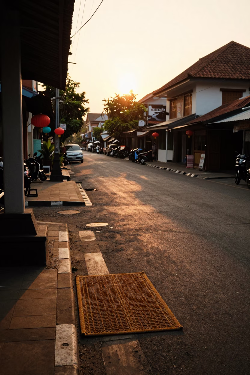 Golden Hour Street Scene in Yogyakarta Indonesia with Traditional Doormat and Local Daily Life in in Yogyakarta, Indonesia