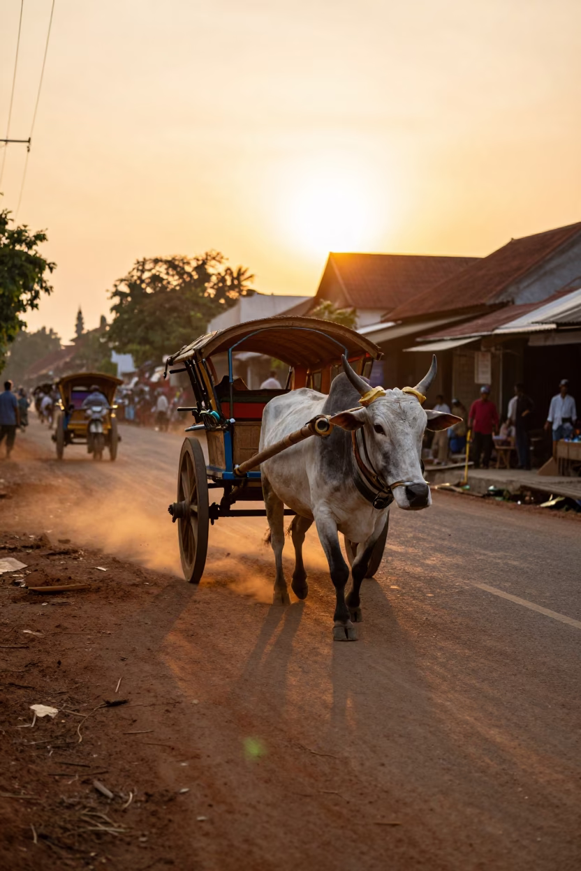 Golden Hour Street Scene in Yogyakarta Indonesia with Traditional Ox Cart in in Yogyakarta, Indonesia