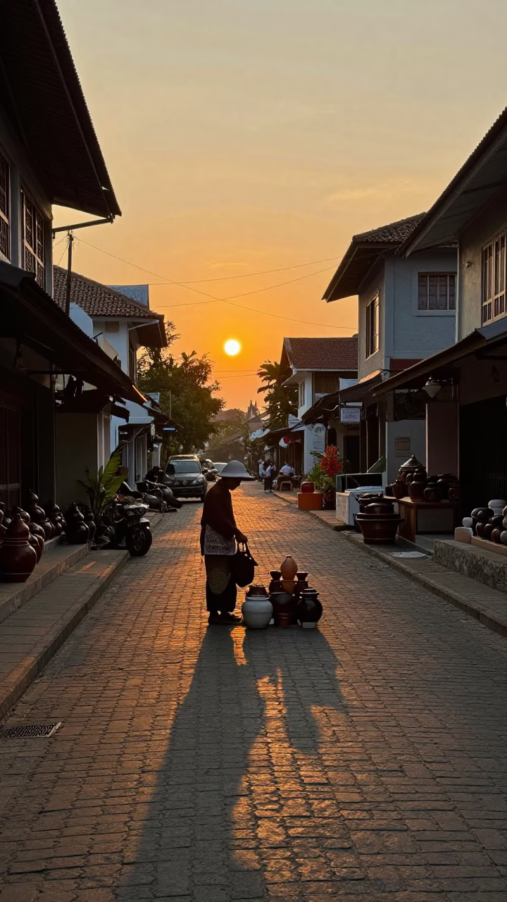 Golden Hour Street Scene in Yogyakarta Indonesia with Traditional Stoneware and Ladder-Back Chair in in Yogyakarta, Indonesia