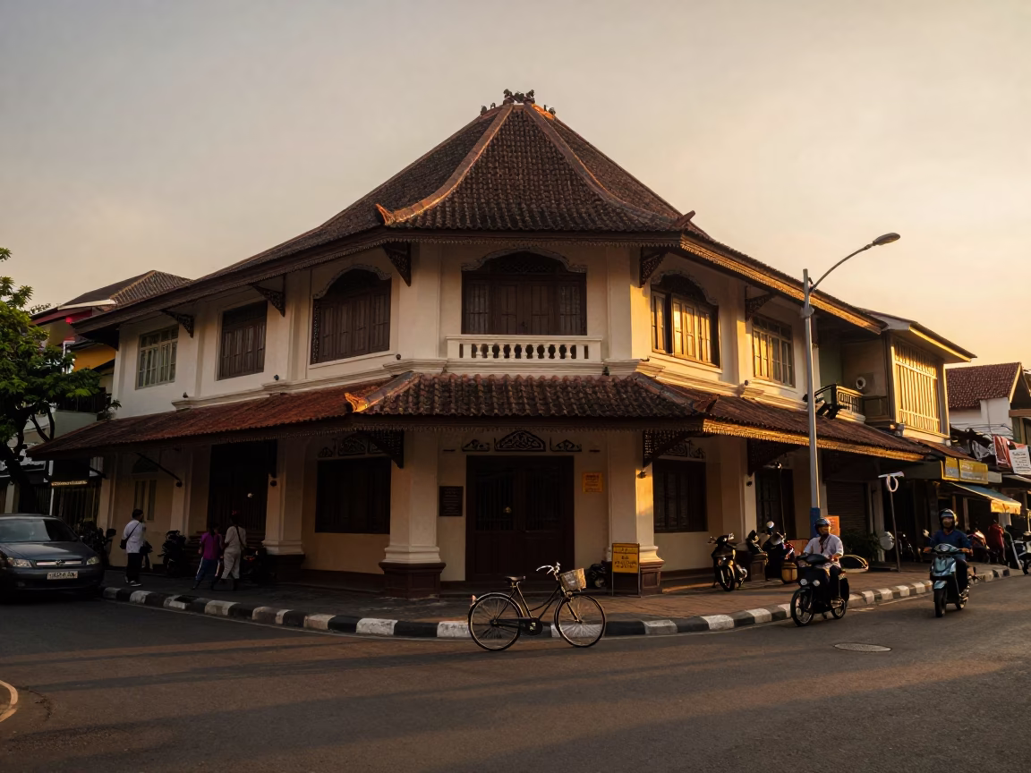 Golden Hour Street Scene in Yogyakarta Indonesia with Vintage Bicycle and Traditional Architecture in in Yogyakarta, Indonesia